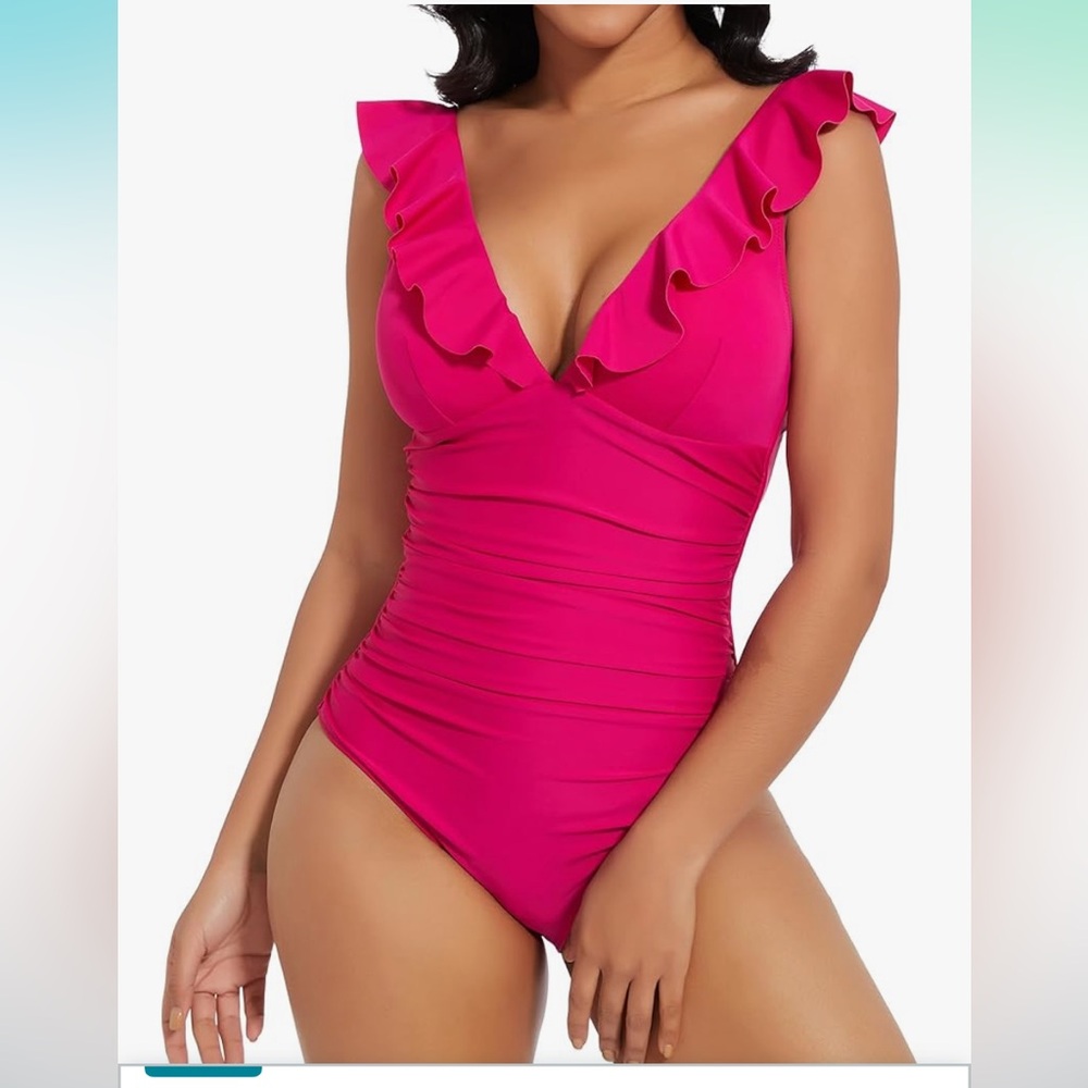 🚘Ruffled hot pink  One Piece Swimsuit tummy control deep v neck